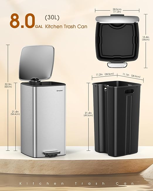 Lovewind Kitchen Trash Can with Lid, 8 Gallon/30 L Footstep Garbage Can for Kitchen Bedroom Home Office, 30 Liter Trash Bin Brushed Stainless Steel Waste Bin with Soft-Close Lid,Silver