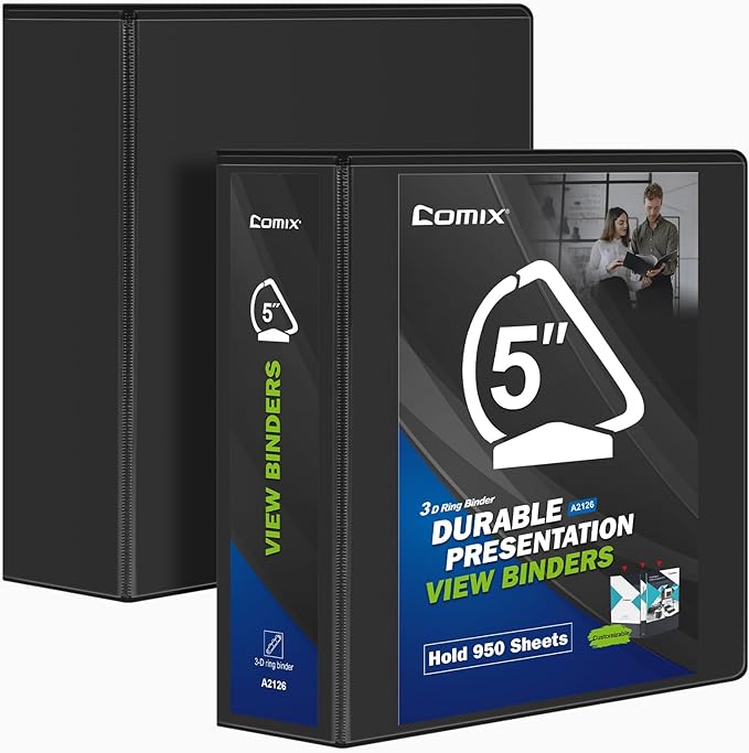Comix Durable 3 Ring Binder, 5 inch D Ring Binders, Hold 950 Sheets of US Letter Size Paper, 2 Pack (Black)