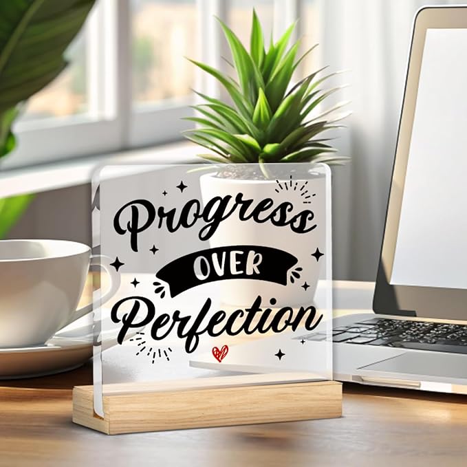 Motivational Office Desk Sign, Positive Office Decor, Inspirational Progress Over Perfection Sign for Office Decor, with Wooden Stand Gift