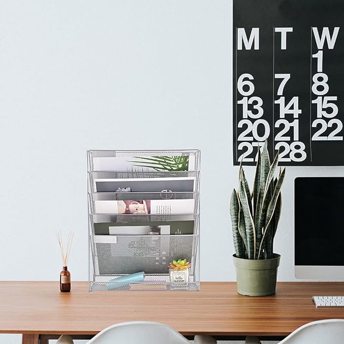 EASEPRES Desk File Organizer Mesh 6-Tier, Hanging Wall Mount Document Organization Stand, Desktop Vertical Mail Paper Folder Holder Rack with Bottom Tray for Office Home Cubicle Countertop, Silver