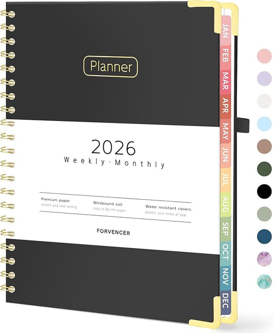 Forvencer 2026 Planner, Hardcover Calendar Planner Weekly and Monthly, January 2026 - December 2026, 8.5" x 11", Spiral Agenda Book with Tabs, Exquisite Daily Journal with Inner Pocket, Organizer Notebook for Office Home School, A4 Size, Black