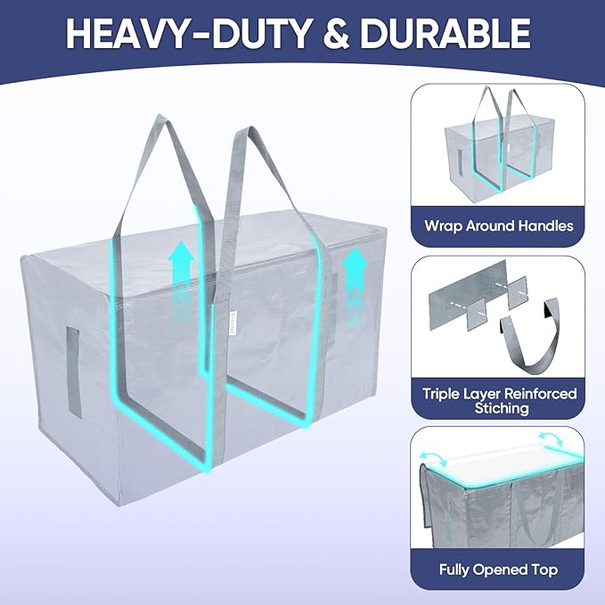 TICONN 2 Pack Extra Large Moving Bags with Zippers & Carrying Handles, Heavy-Duty Storage Tote Moving Boxes for Space Saving (2 Pack, Light Grey)