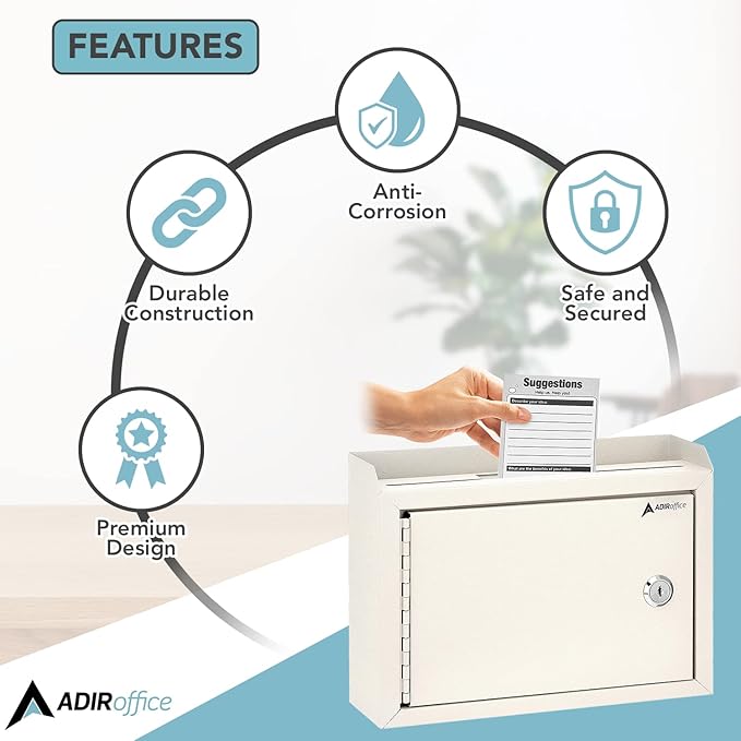 Adir Suggestion Box with Slot and Lock - Money Drop Box with Lock, Cash Dropbox - 9.8x7.5x3.4 Inches Wall Mount Donation Box - Metal Deposit Box in White
