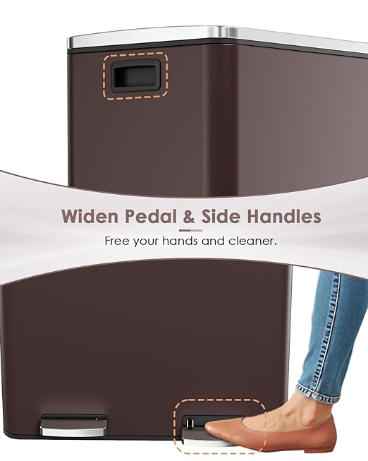 AthLike 60L(16 Gal) Dual Trash Can, Stainless Steel Kitchen Garbage Can, Double Compartment Classified Rubbish Bin, Recycle Dustbin w/Plastic Inner Buckets, Handle, Soft-Close Lid, Airtight, Brown