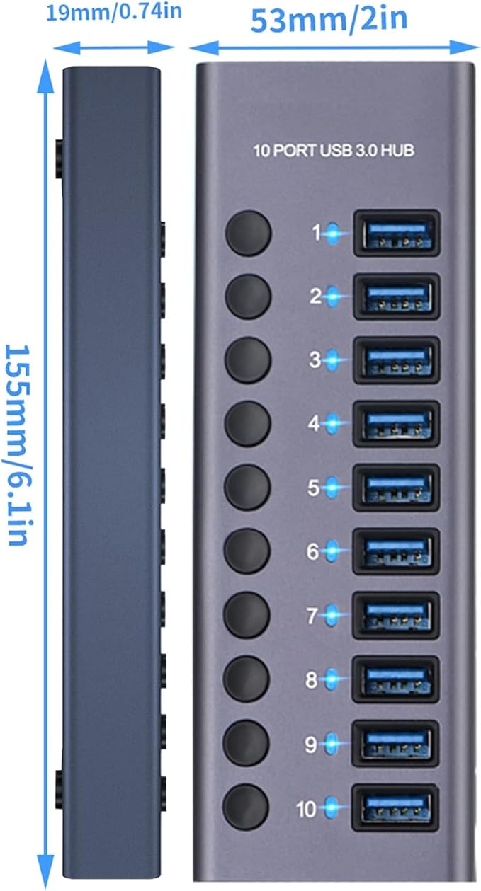 MaxLax 10 Port Aluminum USB 3.0 hub with 10 Port USB Data Transfer,Power Adapter USB Splitter Independent Switch