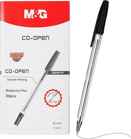 M&G Ballpoint Pens, Black Ink Ballpoint Pens Medium Point 1.0mm, Ball Point Pens Bulk Lasting Smooth Writing with Anti-Slip Grip & Plug-In Cover for Journaling Office School Women Men (50 Pack)
