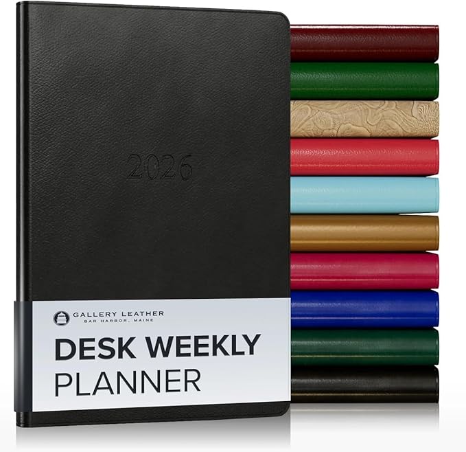 Gallery Leather Desk Weekly Monthly Planner 2025-2026, Elegantly Bound Calendar Planner and Notebook with Stylish Gold-Gilded Page Edges, 12 Months - Monhegan Black - 8 x 5.5 "