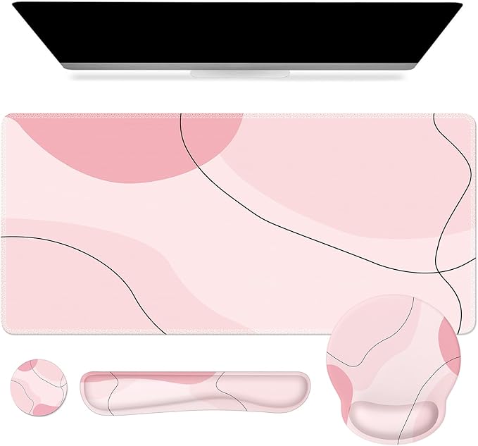 iCasso Large Gaming Mouse Pad Wrist Support Set, Desk Mat, 4in1 XXL Mousepad + Keyboard Wrist Rest+Mouse Wrist Rest+Coaster Set with Ergonomic Design for Home Office Table Computer-Pink Art