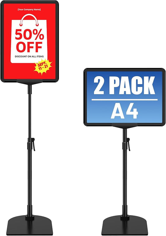Sign Holder Stand A4, Adjustable Poster Stand for Table Top & Floor, Metal Signage Display Stands, Floor Standing Sign Holder for Advertisement, Tradeshow, Store, Business, 2 Pack
