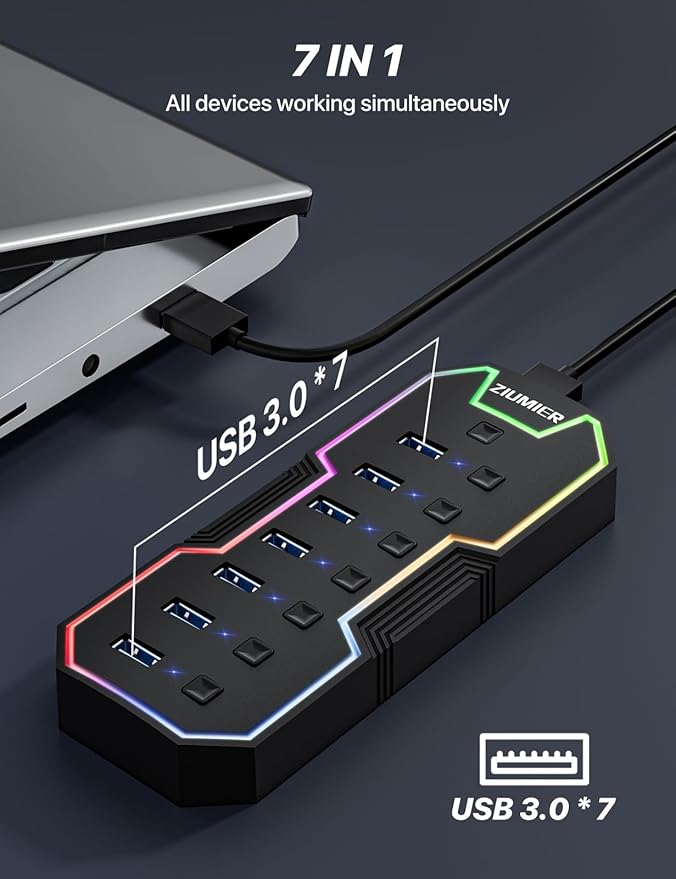 ZIUMIER USB 3.0 Hub,7 Ports USB Expander with RGB LED Strip for MacBook, Mac Pro, Mac mini, iMac, Surface Pro, XPS, PC, Flash Drive, Mobile HDD