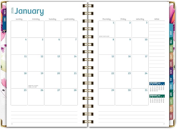 HARDCOVER 2026 Planner, 5.5"x8": 14 Months (November 2025 - December 2026), Daily Weekly Monthly Planner, Yearly Agenda, Bookmark, Pocket Folder and Sticky Note Set (Rainbow Floral)