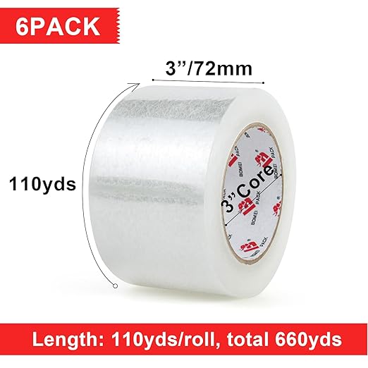 BOMEI PACK 3" Heavy Duty Packing Tape - 3 inch x 110 Yards, 2.4 mil Thick, Clear 3 Inch Wide Package Tape 6 Rolls, Total 660Y for Shipping, Mailing, Moving & Storage
