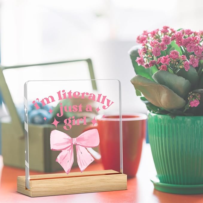 Pink Bow Decor Preppy Coquette Gifts Pink Girl Room Decor Bow Sign Acrylic Sign Plaque Table Decorations for Home Farmhouse Bedroom