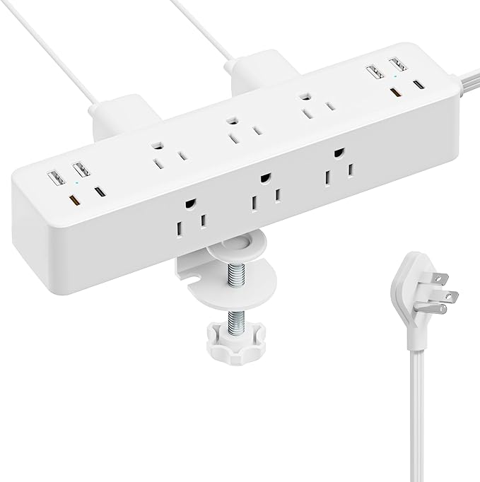 Flat Plug Desk Clamp Power Strip 10FT, 24W Total Charging Station, Desk Edge Mount Power Strip 9 AC Outlets 8 USB Ports Surge Protector, Fit 1.7" Tabletop Edge, Home Office Accessories, White