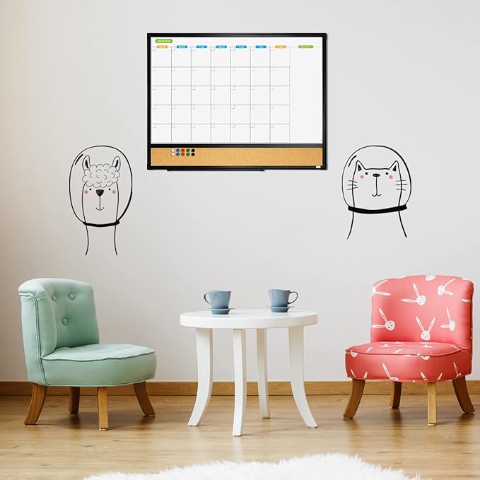 JILoffice Magnetic Calendar Whiteboard & Bulletin Corkboard Combination, Combo Board 24 x 18 Inch, 2 Pack, Black Aluminum Frame Wall Mounted Board for Office Home and School with 10 Push Pins