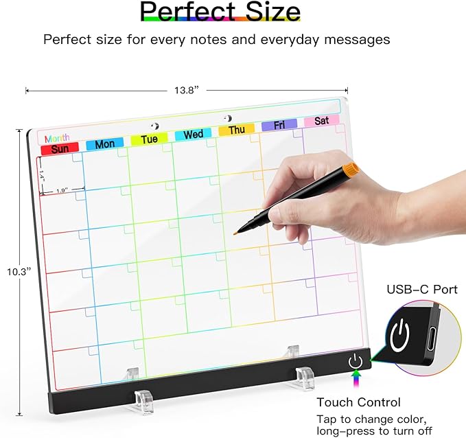 Acrylic Dry Erase Board Calendar with Light, 13.7"X10" LED Note Board with 6-Color Neon Glow Memo Monthly Planning Board for Gift/Room/Office/Wall with Stand, 7 Markers, Black