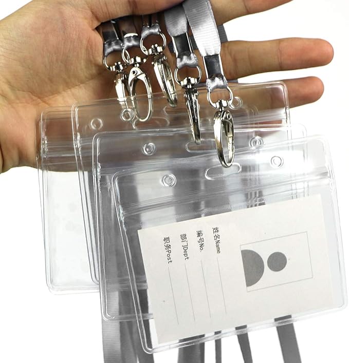 Lanyard with ID Holder 50 Pcs Waterproof Name Tag Badge ID Card Holders ID Pass Holder and 50 Pcs Flat Neck Lanyards Swivel Hook (Gray, Horizontal)