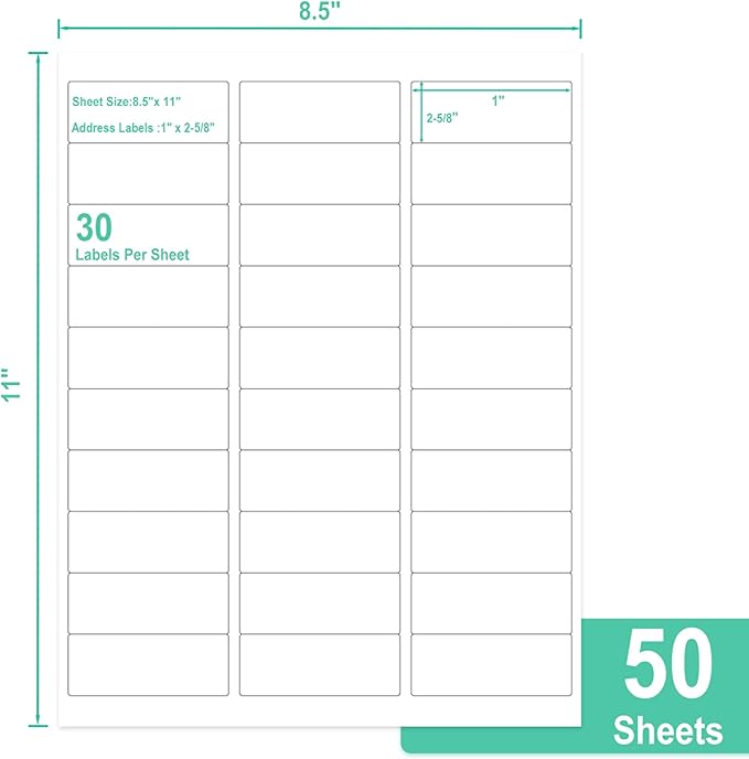 L LIKED Printable Address Labels, 1" x 2-5/8", 1,500 Labels, 30 per Sheet, Label Stickers for Envelopes (50 Sheets)