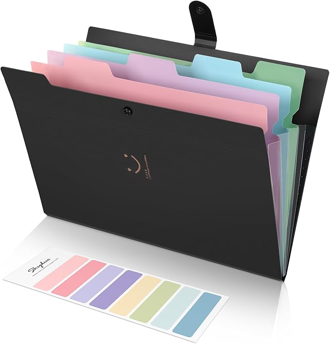 SKYDUE Expanding File Folder with 5 Pockets, Cute Accordion File Organizer, Letter Size Filing Folder, Portable Paper Organizer, School Office Supplies Black
