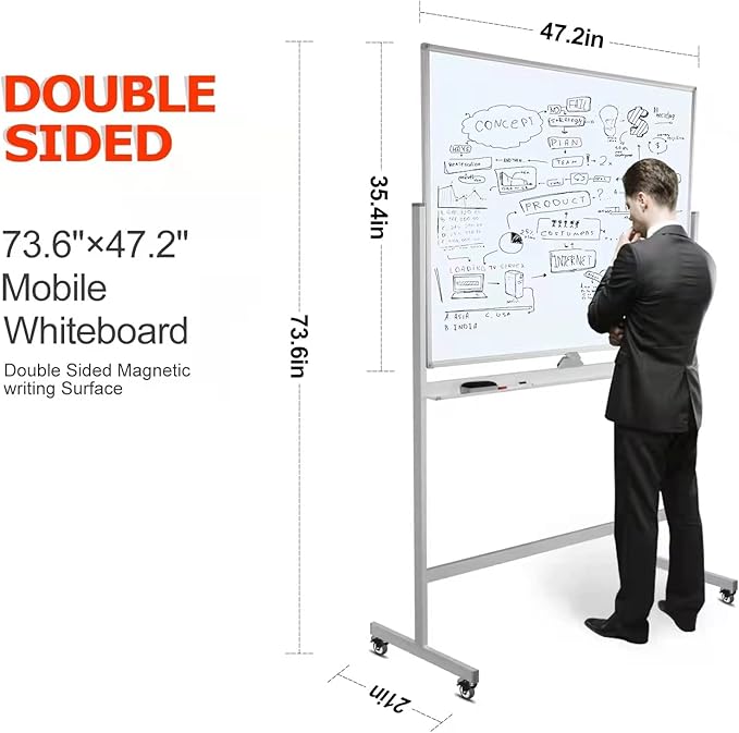 Large Mobile Dry Erase Board WhiteBoard, 48×36 inches Height Adjust Double Sided WhiteBoard, Rolling Stand with Aluminum Frame for Home Office Classroom