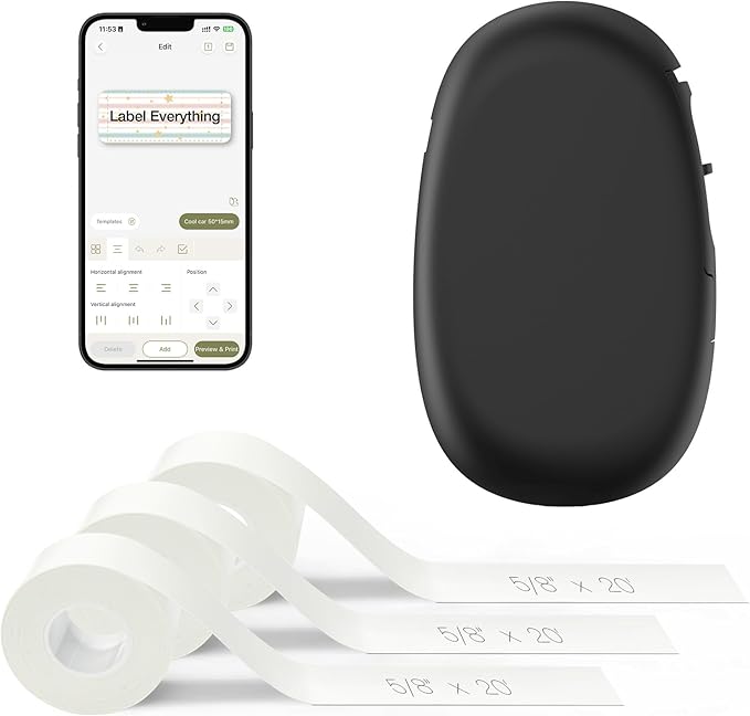 SUPVAN E10 Bluetooth Label Maker Machine with 3 Tapes, Continuous Waterproof Label, Versatile App with 35 Fonts and 1k+ Icons, Inkless Labeler for Home, Kitchen, School, Office Organization, Black