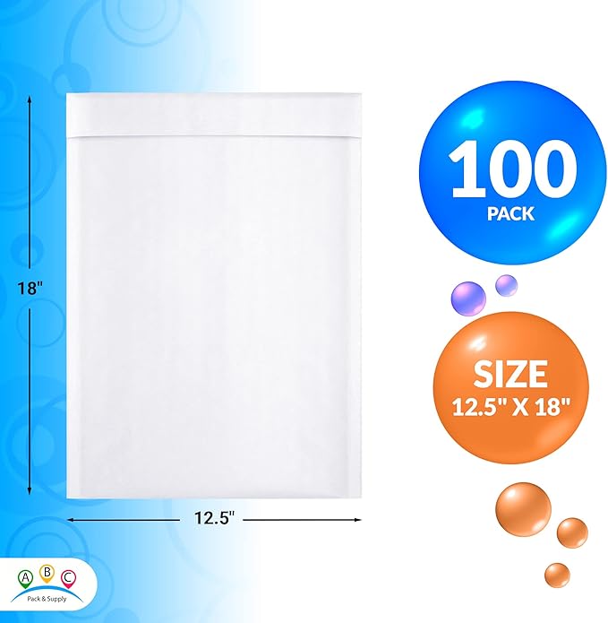 ABC PACK & SUPPLY White Kraft Bubble Mailer Envelopes, 12.5 x 18 Inches. 100 Pack Mail Padded Envelopes Self Seal. Kraft Bubble Mailers. Tear-Resistant Mailing Envelope Padded. Sturdy Paper Mailer