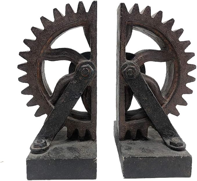 Comfy Hour Farmhouse Collection Resin Set of 2, Wheel Gear Art Bookends, Solid Heavy Weight, Brown & Black
