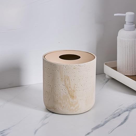 Natural Travertine Textures Mini Trash Can with Rose Gold Stainless Steel Lid, Mini Countertop Trash Can for Bathroom Kitchen, Desk or Table top Mini Garbage Can, Resin Tiny Waste Basket for Vanity