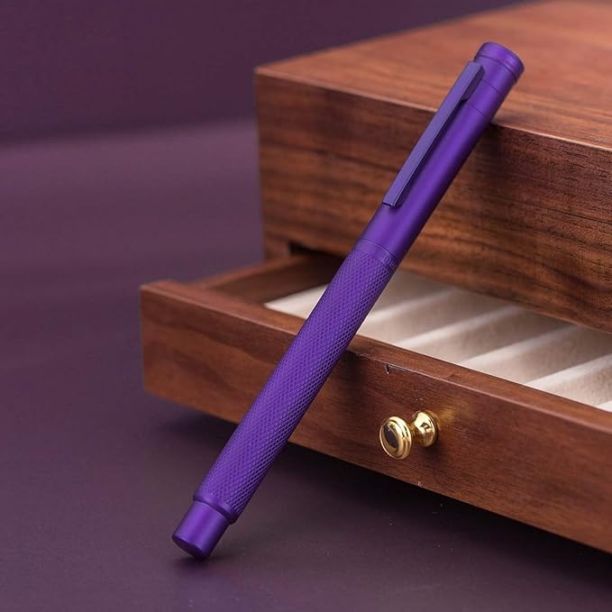 Asvine Purple Fude Pen, Bent Nib Fountain Pen Calligraphy (Fine to Broad) with Converter and Metal Pen Case Set
