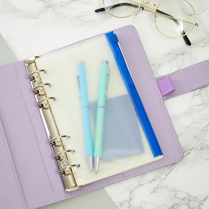 Okuna Outpost Pencil Pouch - A6, Clear Plastic, Double Zipper, 6-Hole, Multicolor, 24-Pack - Binder Pencil Pouches & Money Envelopes for Cash, Teacher Supplies