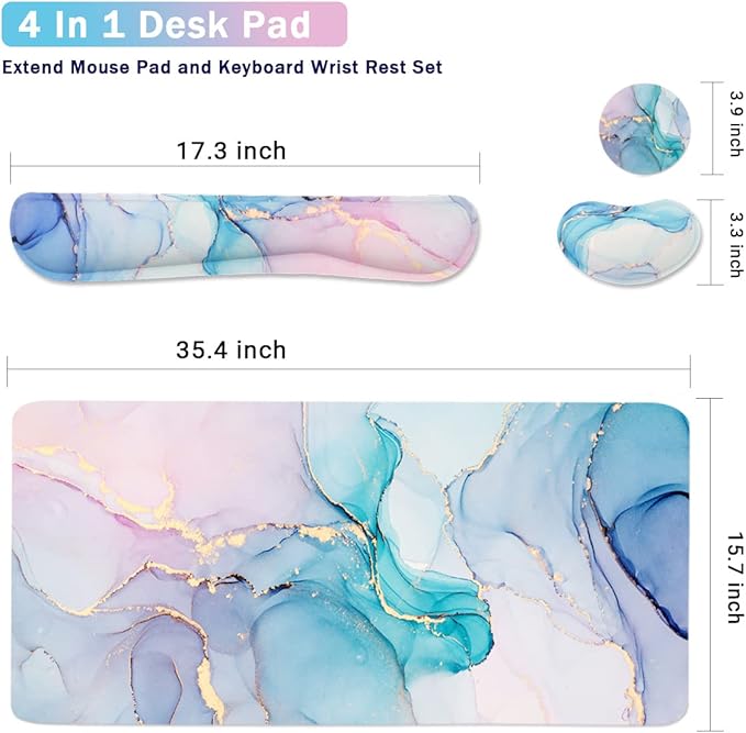 4-in-1 Large Gaming Mouse Pad, Keyboard Wrist Rest Pad & Wrist Support Mousepad Set, Extended Desk Pad Waterproof Desk Mat for Home Office Study Game - Blue