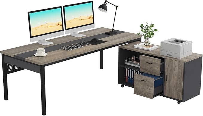 Tribesigns 70.8" Large Executive Office Desk and 47" Lateral File Cabinet Combo, L-Shaped Computer Desk Business Furniture with Drawers and Shelves, Home Office Workstation, Grey & Black