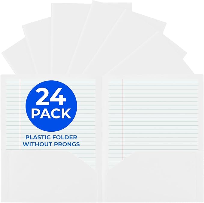 24 Pack White Plastic Folders with Pockets Heavy Duty. 2 Pocket Folder no Prongs Bulk. Tear-Resistant Letter Size 8.5x11. Presentation Ready School and Office Supplies