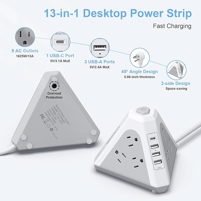 Tower Surge Protector Power Strip, NVEESHOX 9 AC Outlets with 4 USB Ports (1 USB C) 3-Side Triangle Outlets with USB Ports,6.5 Ft,Flat Plug, Charging Station with Surge Protection