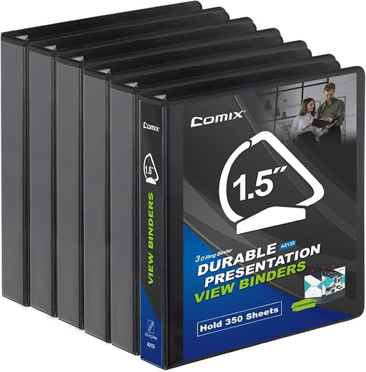 Comix Sturdy 1.5 Inch D-Ring Binders, 1.5'' 3 Ring Binder with Clear View Cover, 1-1/2 Inch Rings Holds 350 Sheets of 8.5" x 11" Paper, 6 Packs (Black)