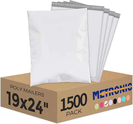 Metronic Poly Mailers 19x24 Inch 1500pcs White, Large Shipping Bags for Clothes,Self Adhesive Shipping Envelopes for Small Business,Waterproof Mailers Poly Bags for Shipping,Packaging Mailing Bags