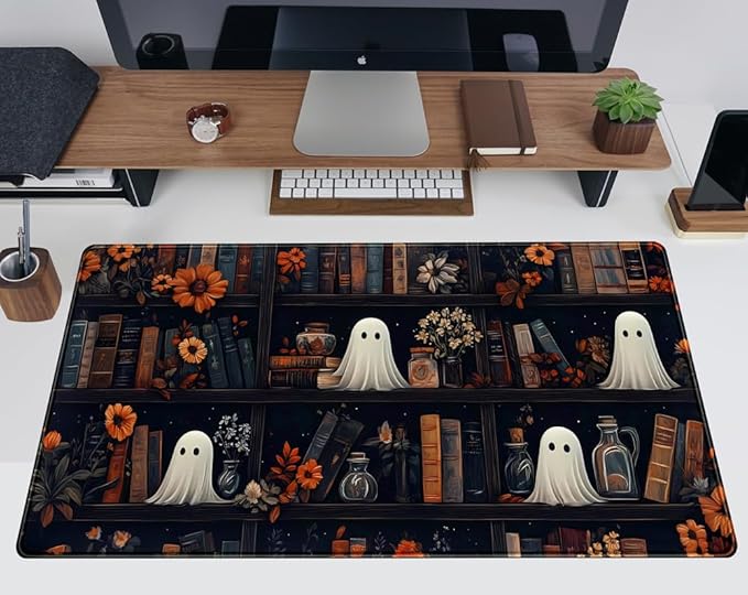Cute Ghost Desk Mat Dark Vintage Large Mouse Pad Gaming Black Mouse Pad XXL Large Gaming Mousepad Desk Mat for Desktop Office Computer Laptop Keyboard and Mouse Mat - 31.5 X 15.7 in Desktop Protector