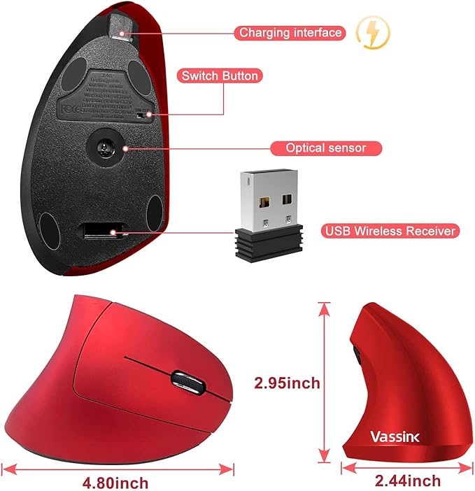 Vassink Ergonomic Rechargeable Wireless Mouse, 2.4Hz Rechargeable Wireless Vertical Optical Mice with USB Receiver, 6 Buttons, 800/1200/1600 DPI RED