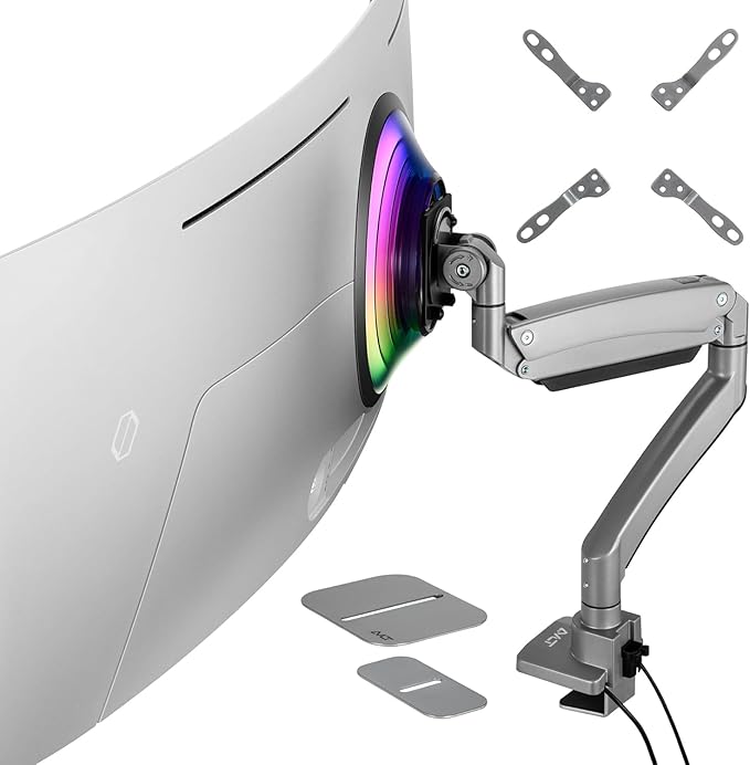 AVLT Single 17"-57" Super Ultrawide Monitor Arm for Screens Up to 59.5 lbs, Premium Aluminum Desk Stand, Adjustable Pneumatic Height, Full Motion Swivel Tilt Rotation, USB-C & USB-A Ports, Gray