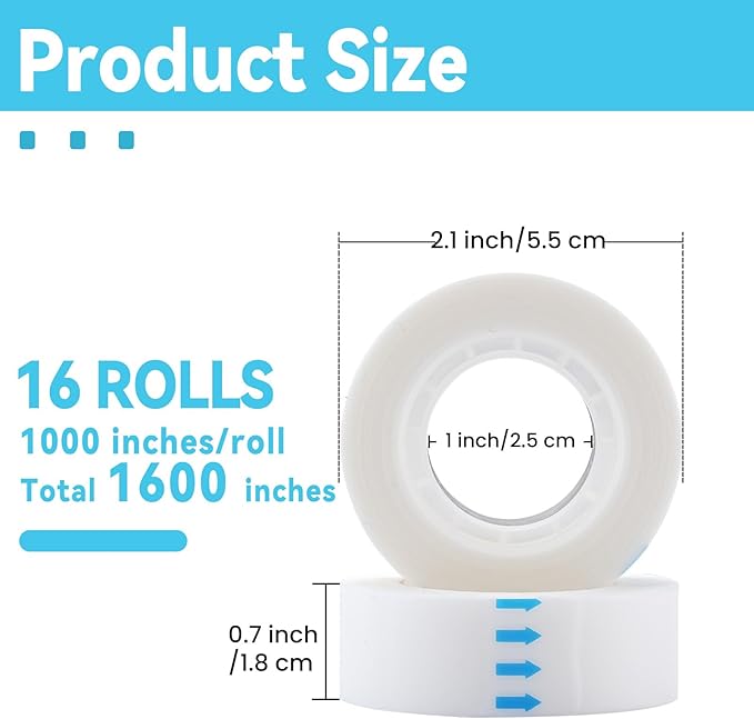 Invisible Tape Refill - Tear by Hand, 3/4'' X 1000'', 16 Rolls Gift Wrap Tape for Repairing, Back to School Supplies, Writable
