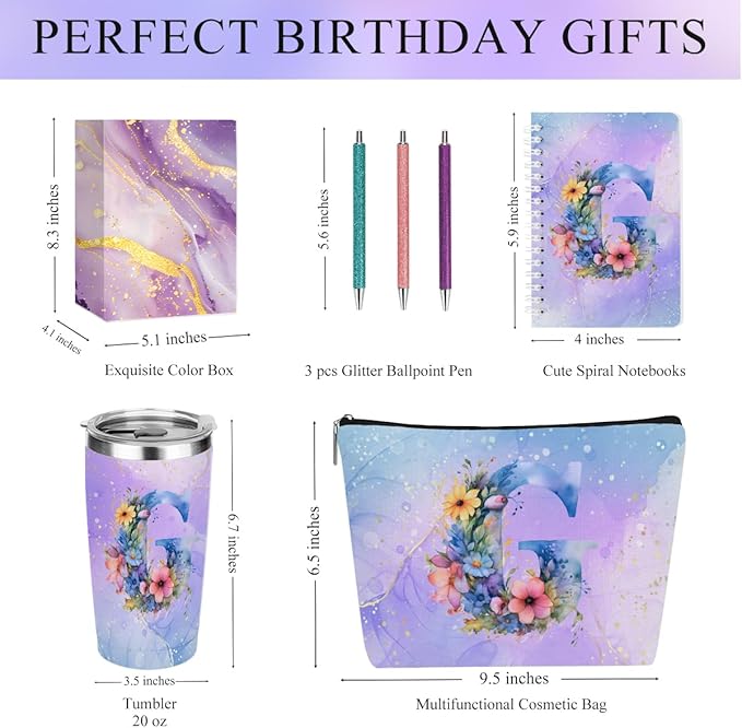 Personalized Gifts Monogrammed Birthday Gifts for Women, Her Employee Housewarming Christmas Initial 20 oz Tumbler, Makeup Bag Cup Ballpoint Pens Journal Notebook 6 Set, (Aesthetic Purple Flower G)
