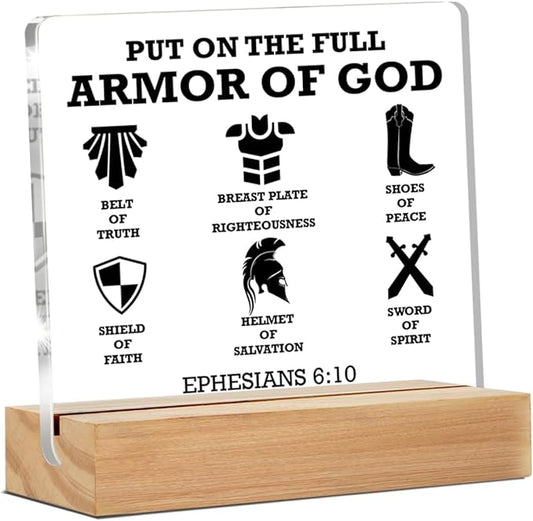 Christian Gifts for Men, Put on the Full Armor of God Bible Keepsake, Ephesians 6 10 Christian Clear Desk Decorative Sign Home Acrylic Decor