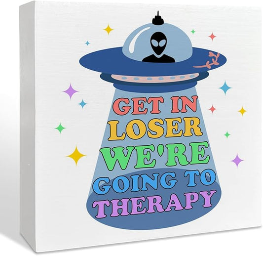 Therapy Office Desk Wooden Box Sign Decor, Funny Mental Health Wood Box Sign Decorations for School Psychologist Office, Gifts for Therapist Psychologist School Counselor, We're Going to Therapy