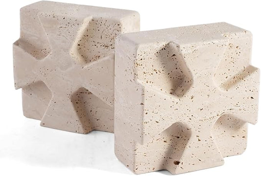 Natural Marble Square Book Ends, Heavy Duty Bookends for Shelves, Non-Skid Stone Book Holders, Unique Modern Aesthetic Office Bookshelf Decor for Books/CDs(Travertino Turkey)