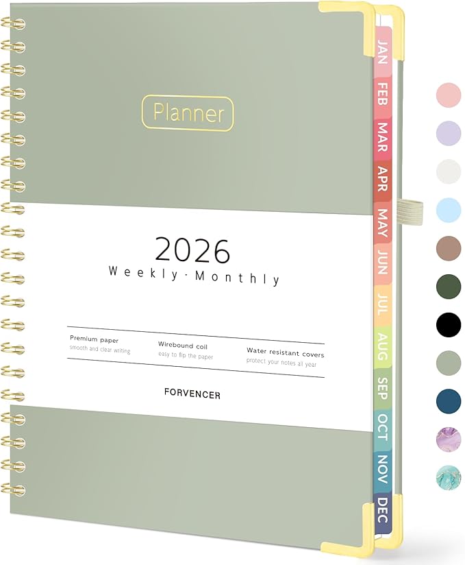 Forvencer 2026 Planner, Hardcover Calendar Planner Weekly and Monthly, January 2026 - December 2026, 8.5" x 11", Spiral Agenda Book with Tabs, Exquisite Daily Journal with Inner Pocket, Organizer Notebook for Office Home School, A4 Size, Green