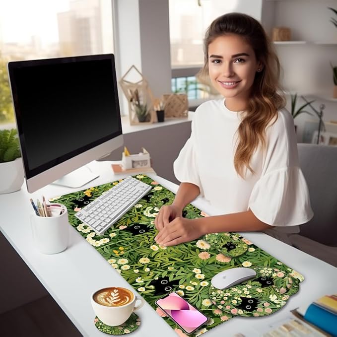 Cat Ergonomic Mouse Pad with Wrist Rest Desk Mat Set, Green Gaming Mouse Pad Wrist Support, Keyboard Mat Wrist Rest Cup Coaster Funny Office Decor