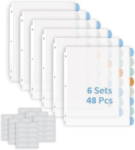 Binditek 48 Pack Heavyduty Clear Sheet Protectors with 8 Tabs, Sturdy Binder Sheet Protectors for 3 Ring Binder Letter Size, Multicolor Tabs, 8.5 x 11 Inches, Polypropylene, 6 Set, Label Sticker
