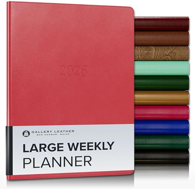 Gallery Leather Large Weekly Monthly Planner 2025-2026, Elegantly Bound Calendar Planner and Notebook with Stylish Gold-Gilded Page Edges, 12 Months - Caribbean Red - 9.75 x 7.5 "