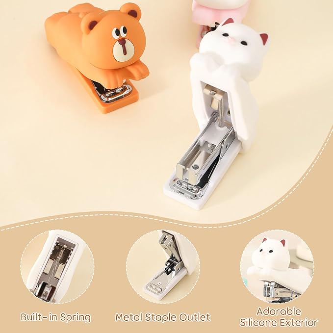 Honagu Mini Cute Animal Stapler with Staples, Cartoon Stereoscopic Silicone (PVC) Stapler, Labor-Saving Office Supplies for Teachers, Students,Girls,Gift Stocking Stuffers for Kids(White Puppy)