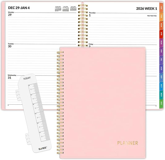 SUNEE 2026 Weekly and Monthly Planner - from January 2026 - December 2026, 8.5"x11" Daily Agenda Planner with Monthly Tab, Flexible Cover, Note Pages, Pockets, Bookmark, Spiral Binding, Pink